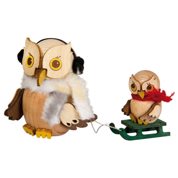 Holzfigur MINI Eule Schlittenfahrt mit Kind